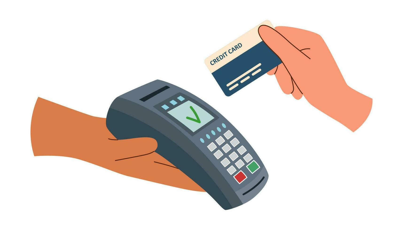 Contactless payment. Payment terminal and hand with credit card. vector