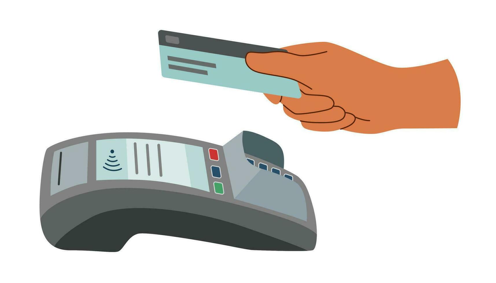 Contactless payment. Payment terminal and hand with credit card. vector