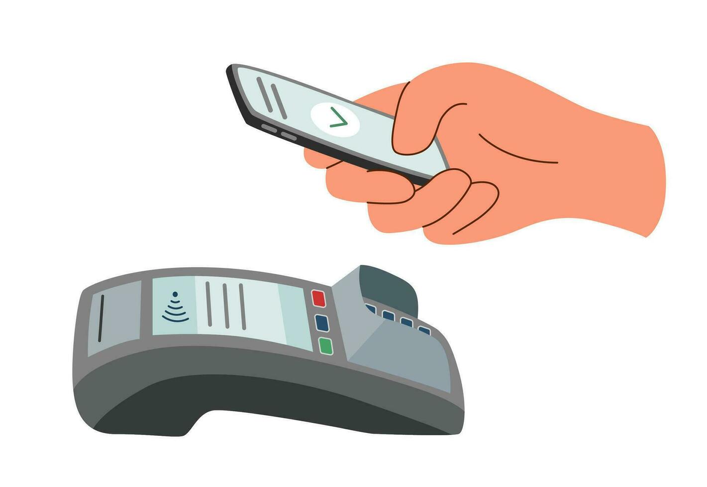 Payment terminal and hand with phone. Contactless payment concept. Online payment. vector