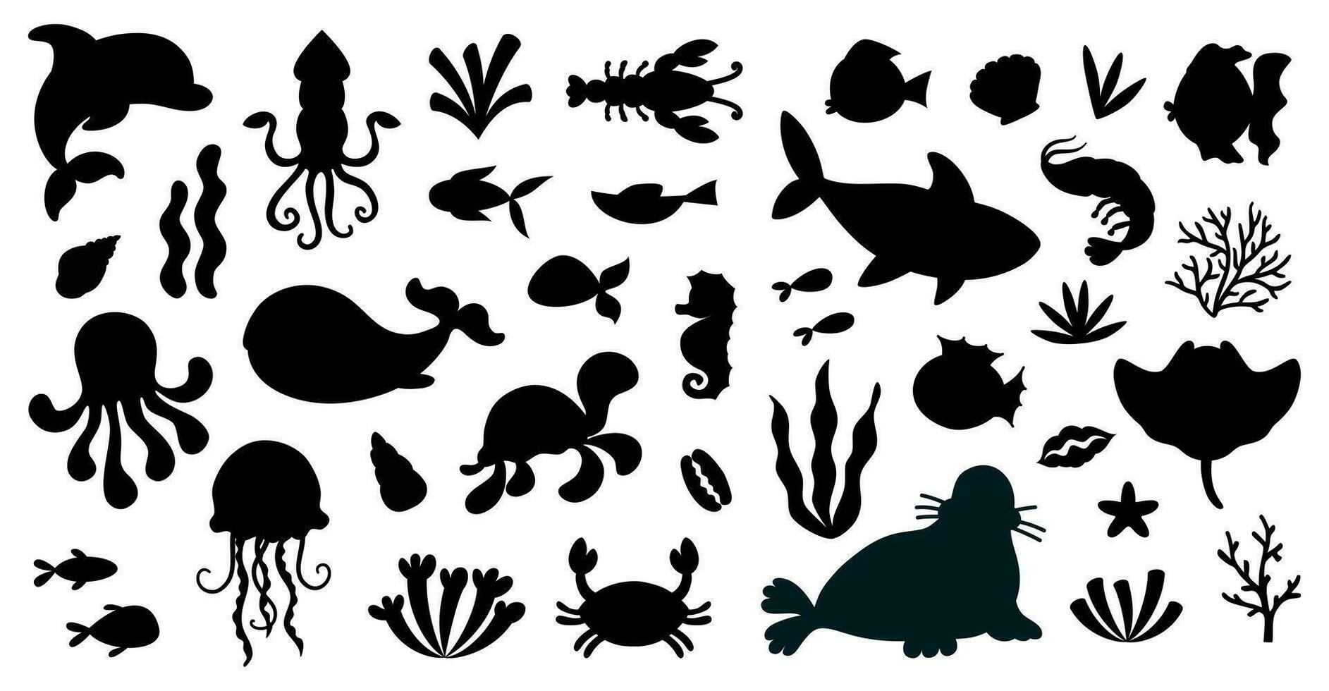 Set of black silhouette isolated marine animals in cartoon style. Sea life, ocean design elements for printing, poster, card. Vector illustration