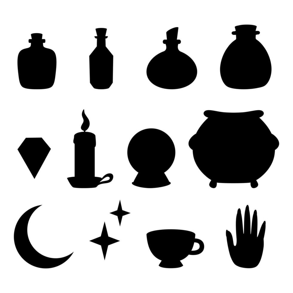 Silhouettes magic tools. Bottle, potion, magic crystal, cauldron black silhouette set. Vector illustration. Vector illustration