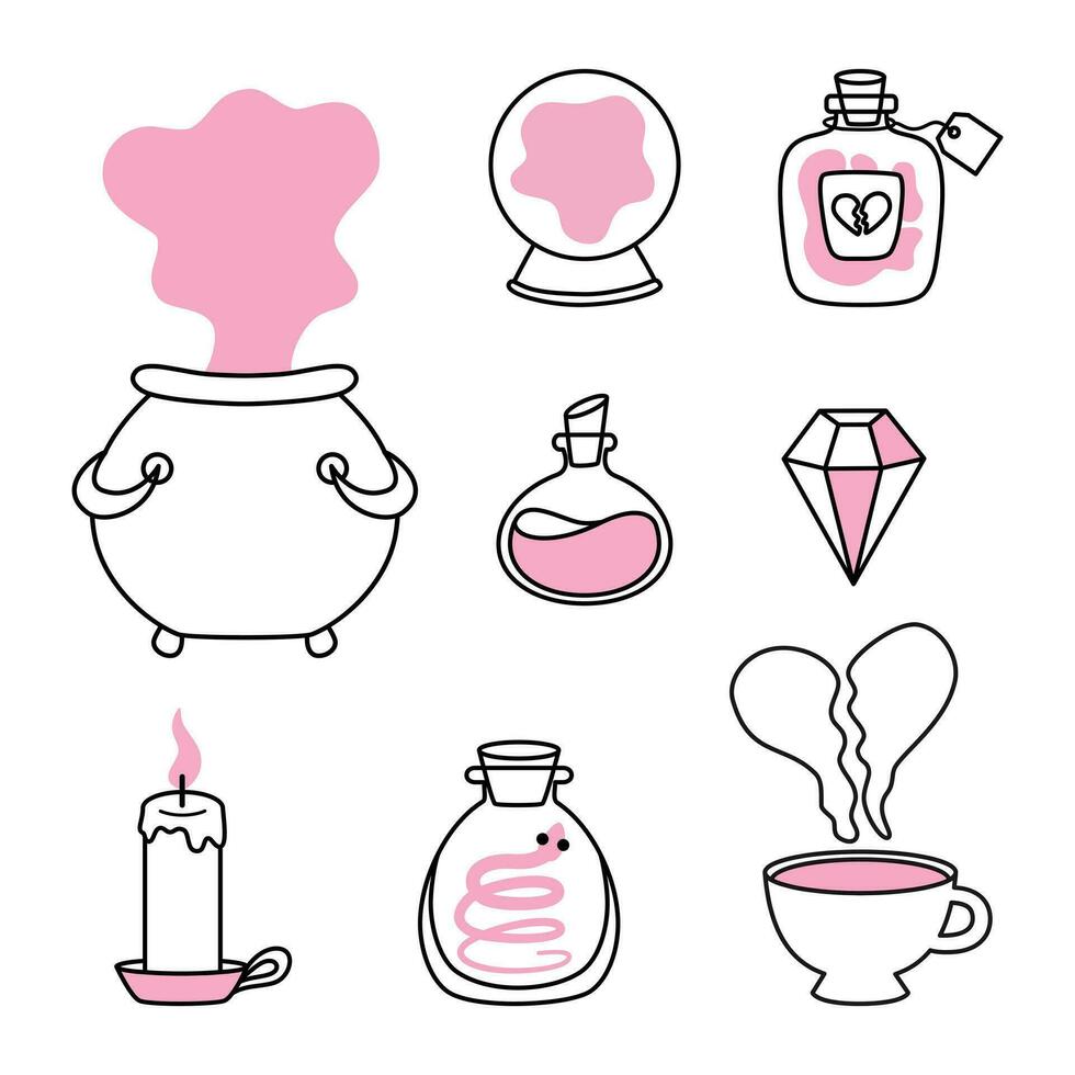 Silhouette set of magic elements in pink doodle cartoon style. Cauldron, magic ball, potion, crystal, candle design elements. Vector illustration