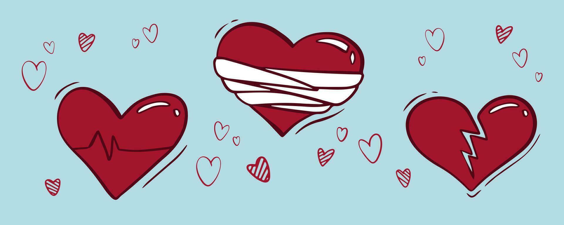 conjunto de maravilloso corazones en hippie amor estilo para San Valentín día. cómic corazón personaje en retro Años 80 70s de moda dibujos animados estilo. retro elementos para imprimir, envase papel, web sitios, antecedentes y tarjetas vector