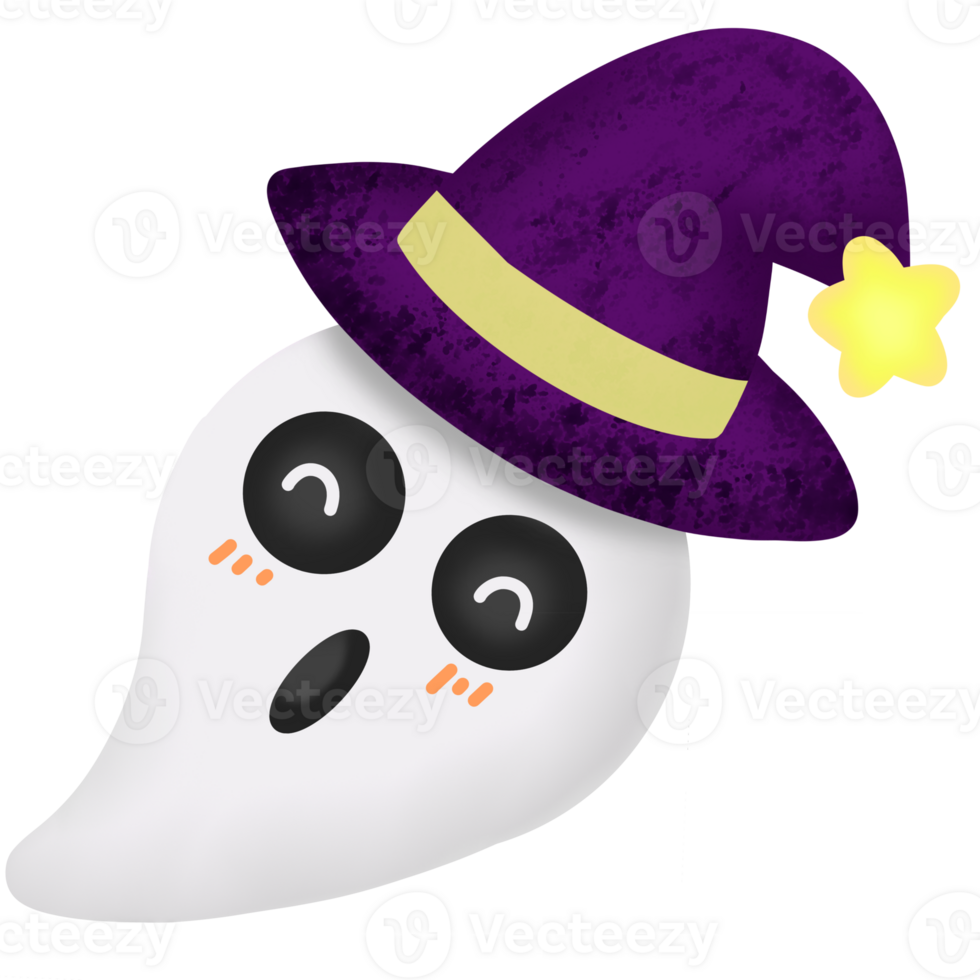 a cartoon ghost wearing a purple witch hat png