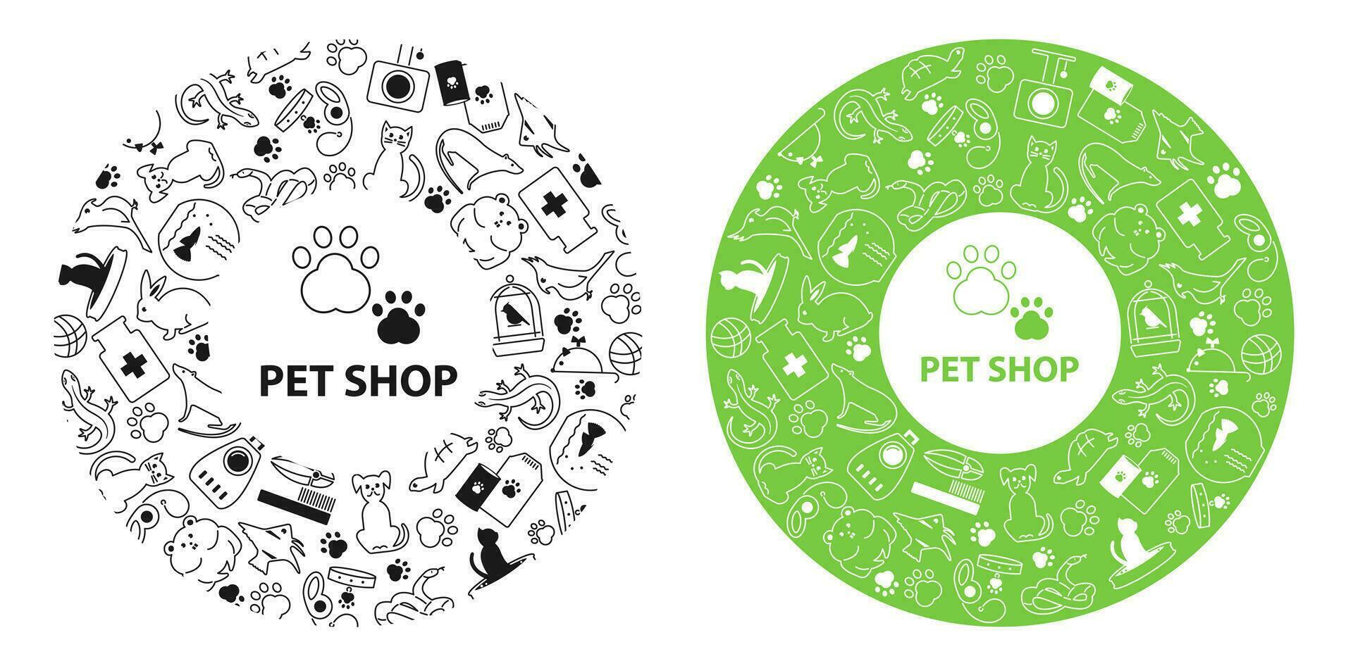 Round banner of a pet store with flat pictograms. Logo products for animals. Symbols and icons in circular ornaments. vector