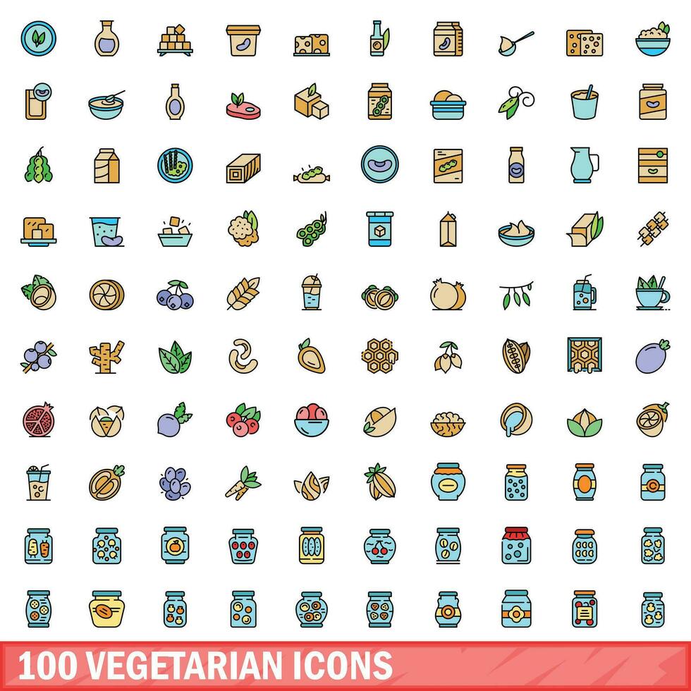 100 vegetarian icons set, color line style vector