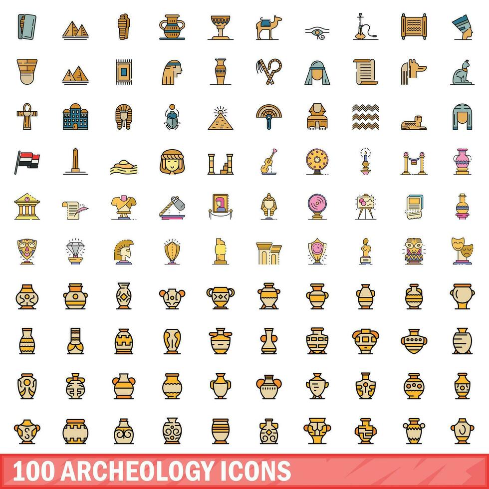 100 archeology icons set, color line style vector