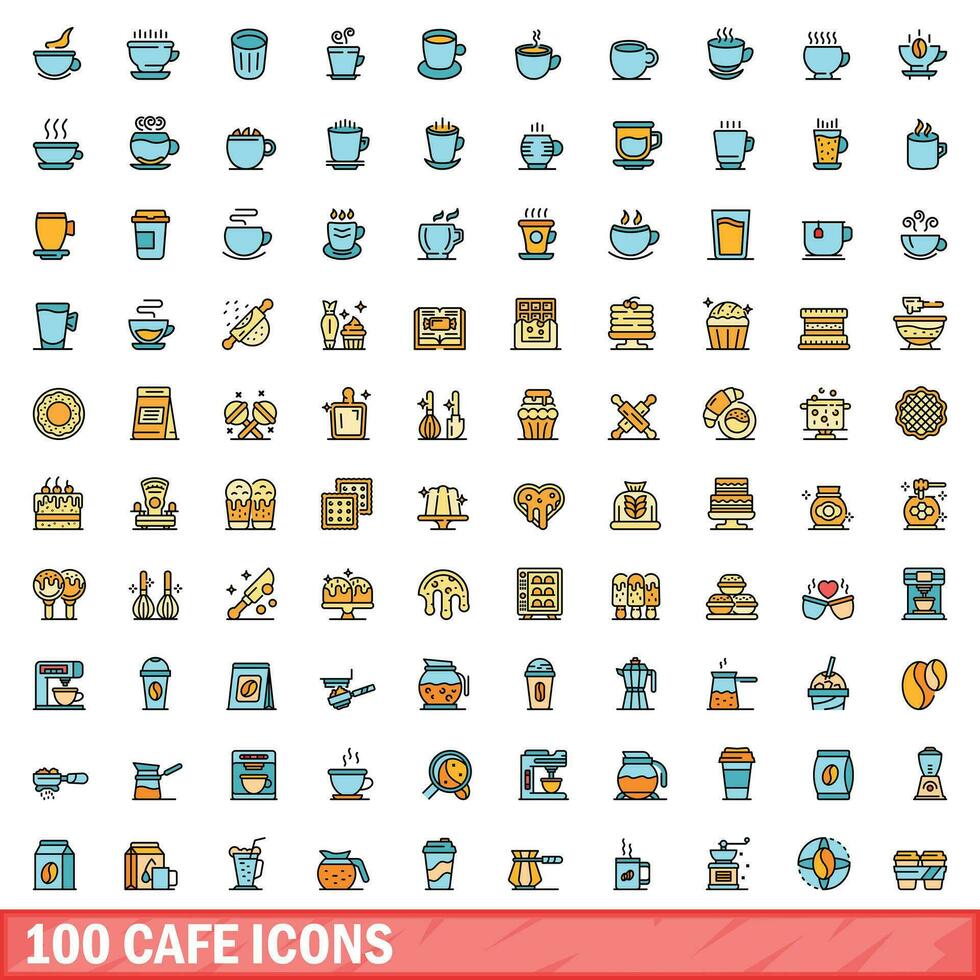100 cafe icons set, color line style vector
