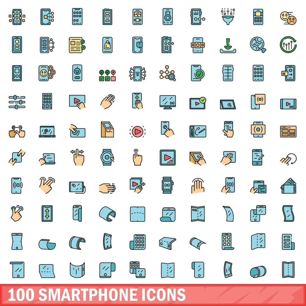 100 smartphone icons set, color line style vector