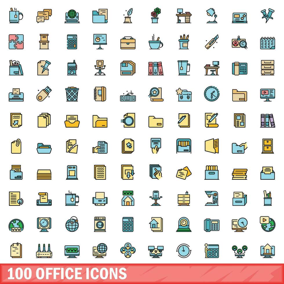 100 office icons set, color line style vector