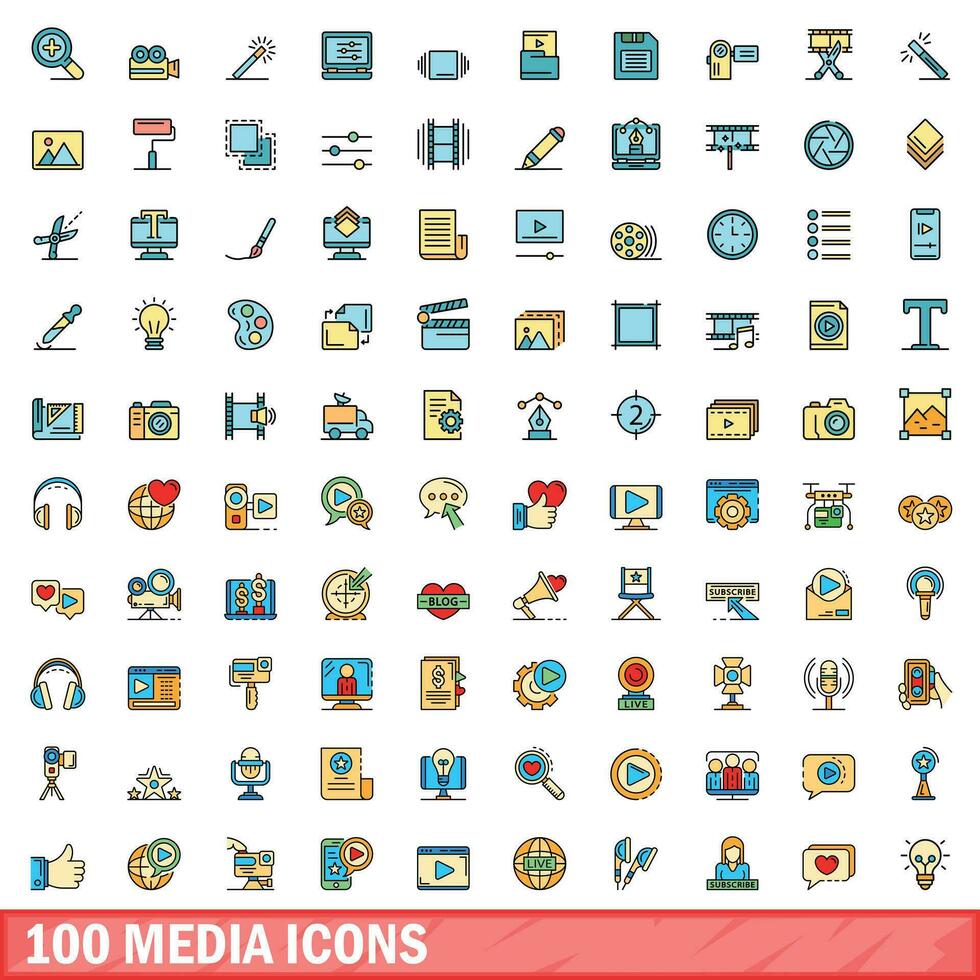 100 media icons set, color line style vector