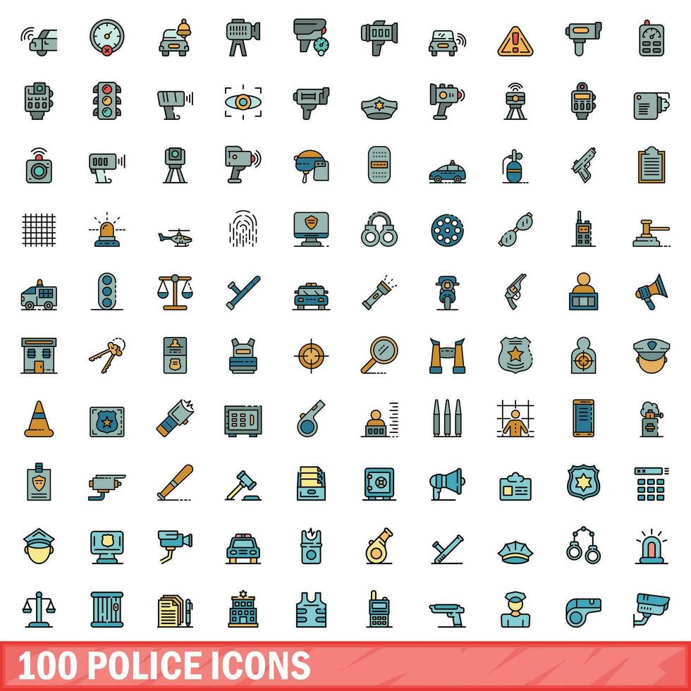 100 police icons set, color line style vector