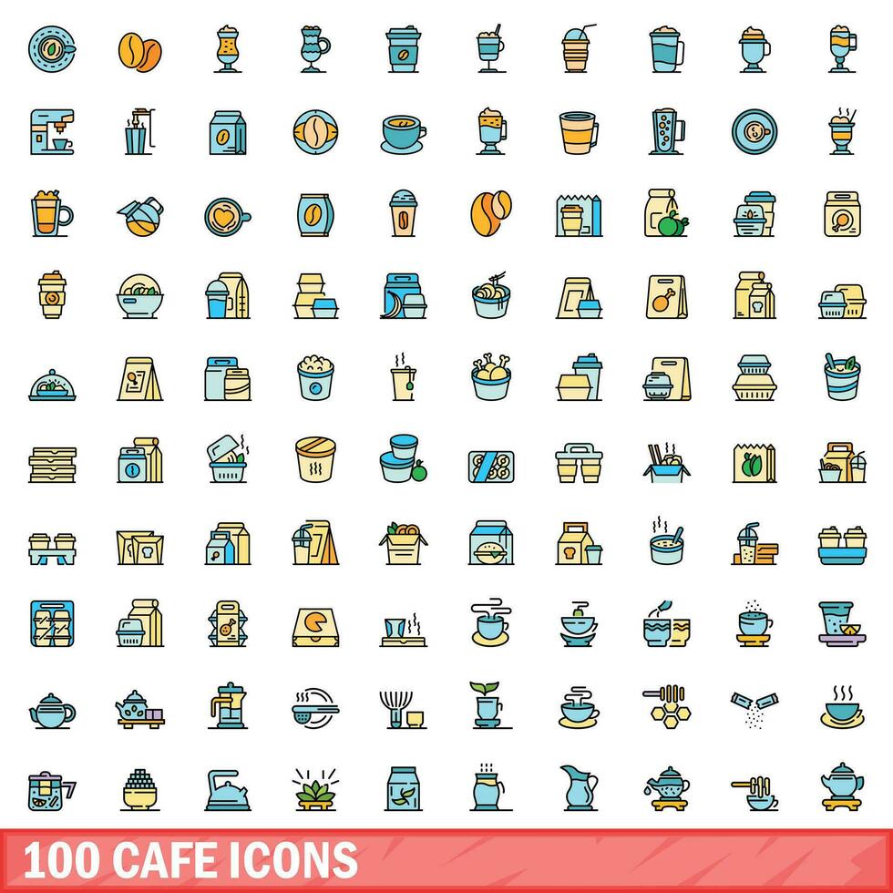 100 cafe icons set, color line style vector