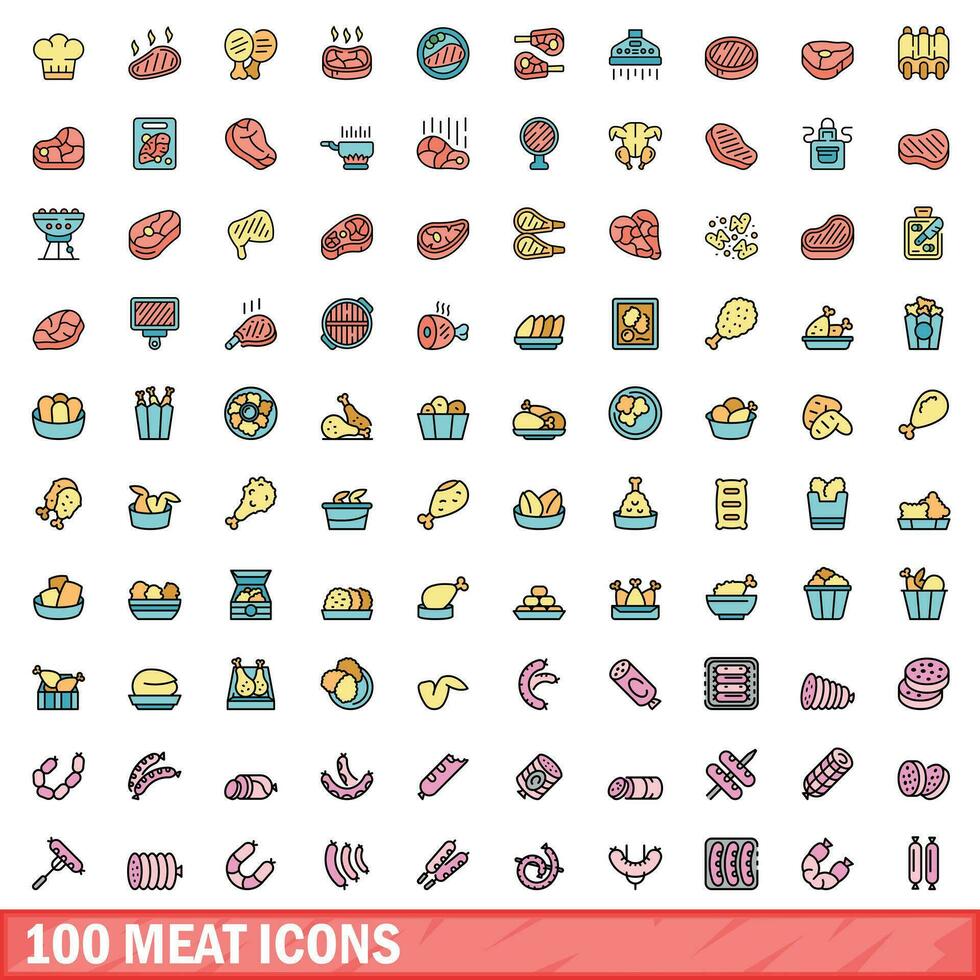 100 meat icons set, color line style vector