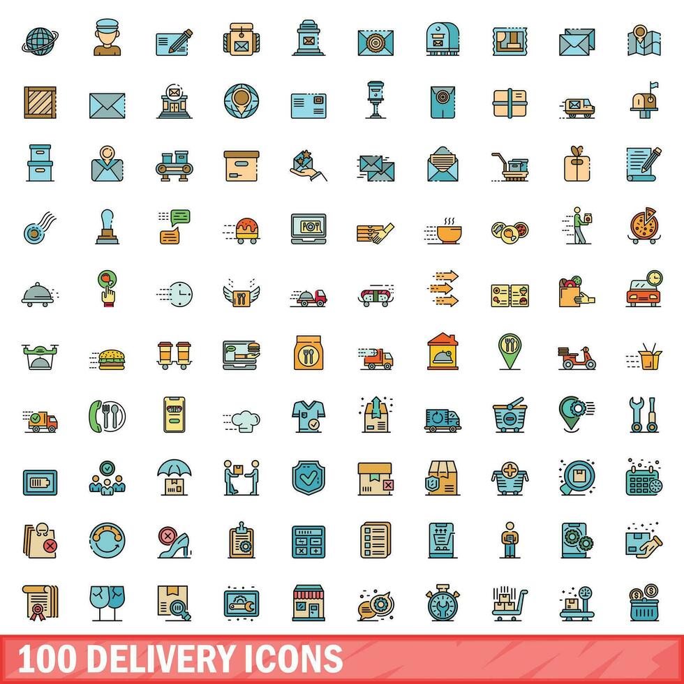 100 delivery icons set, color line style vector