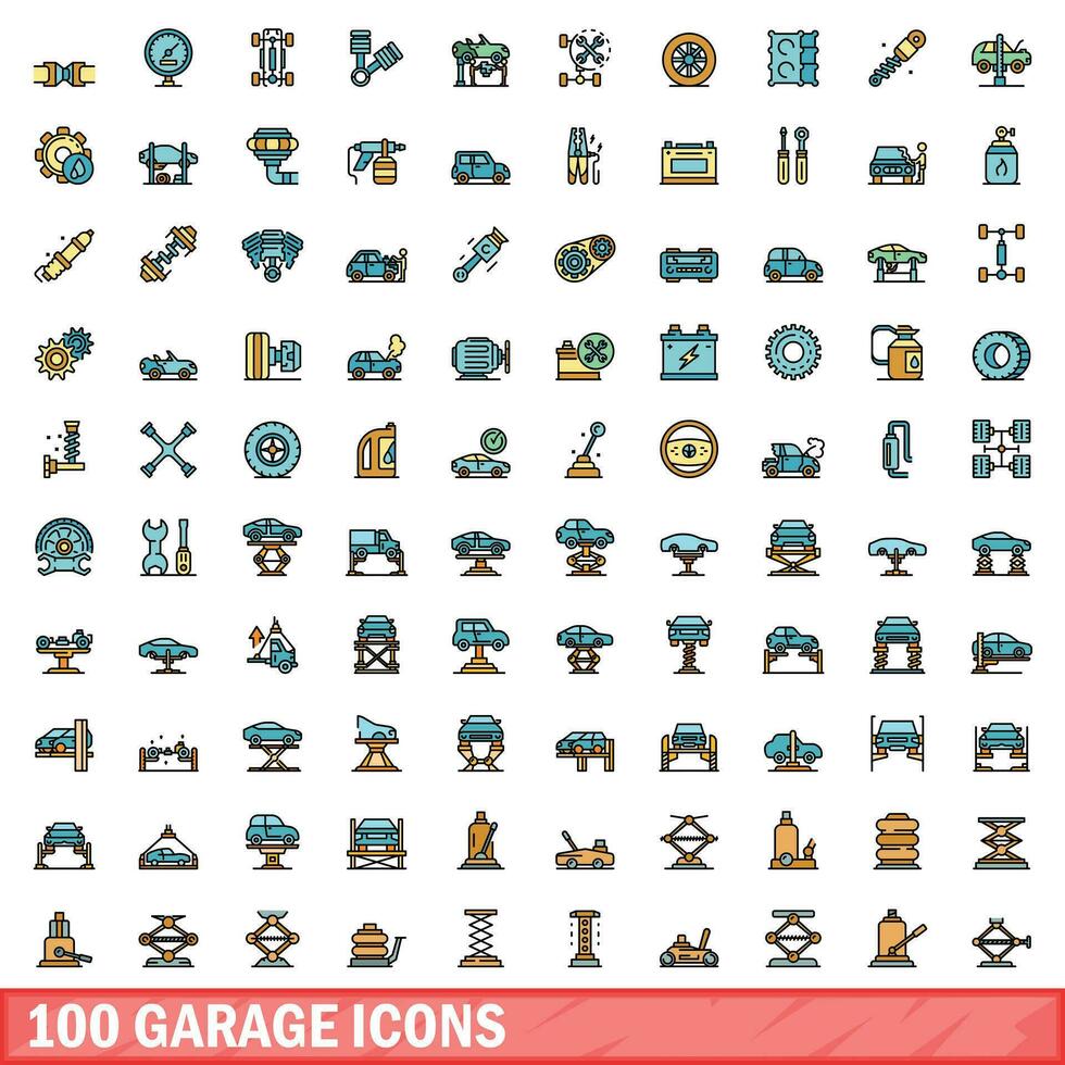 100 garage icons set, color line style vector