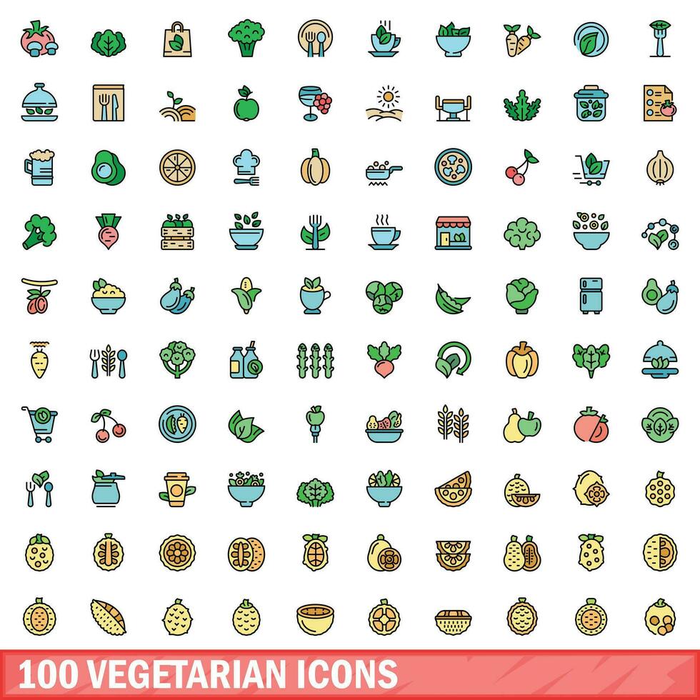 100 vegetarian icons set, color line style vector