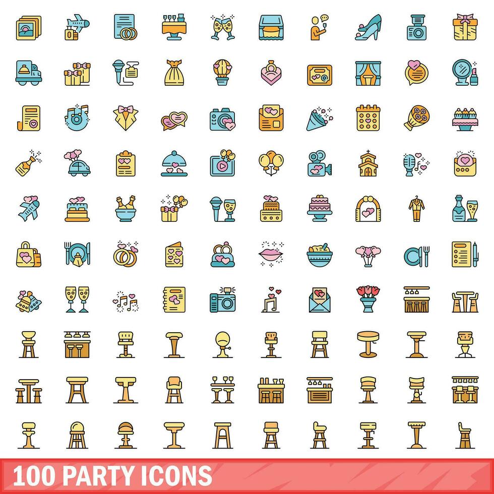 100 fiesta íconos colocar, color línea estilo vector