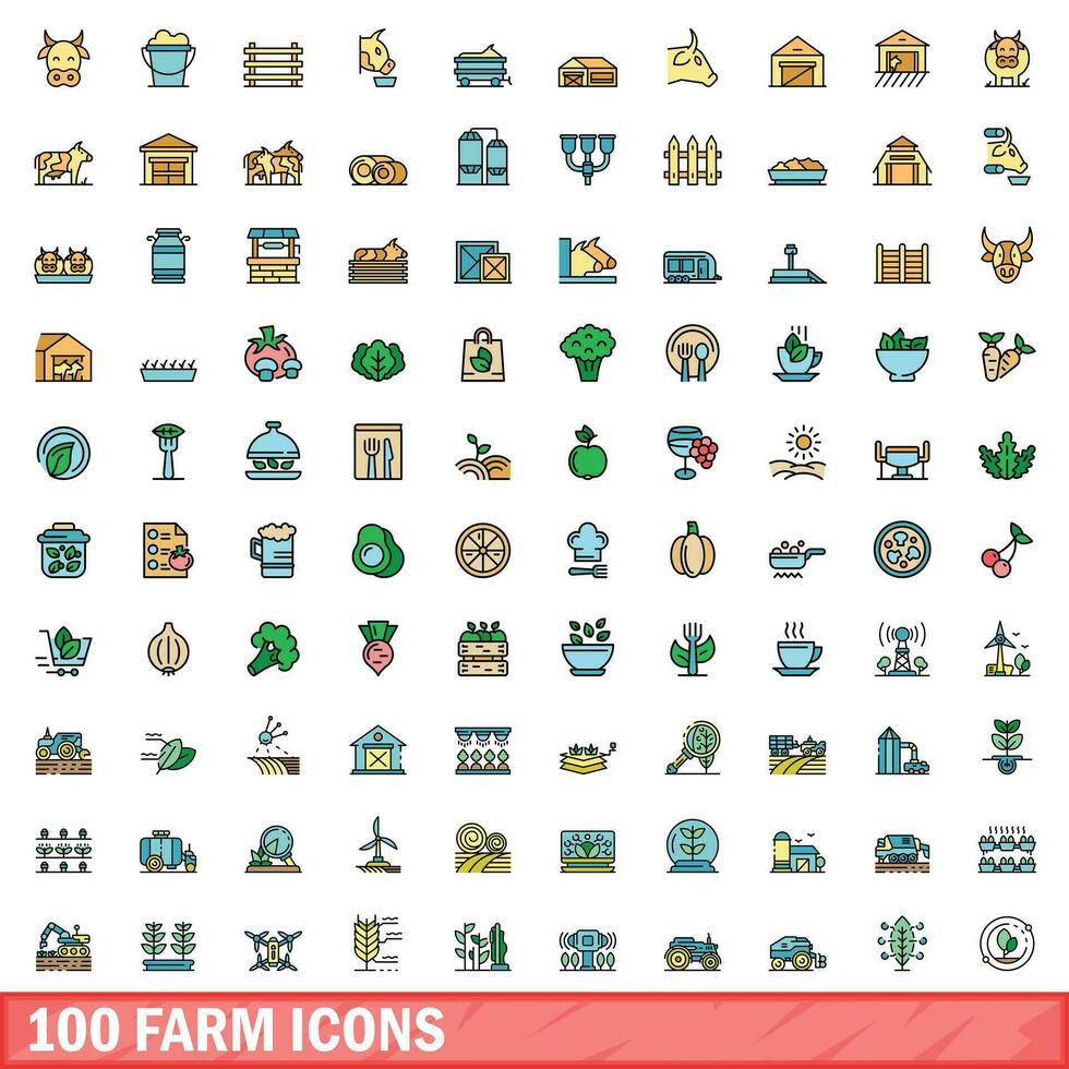 100 farm icons set, color line style vector