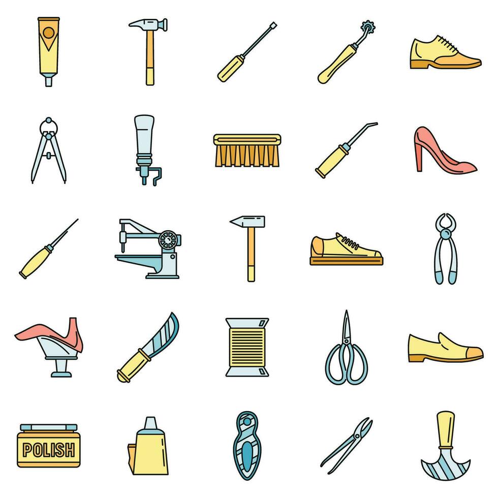 Shoe repair shop icons set vector color