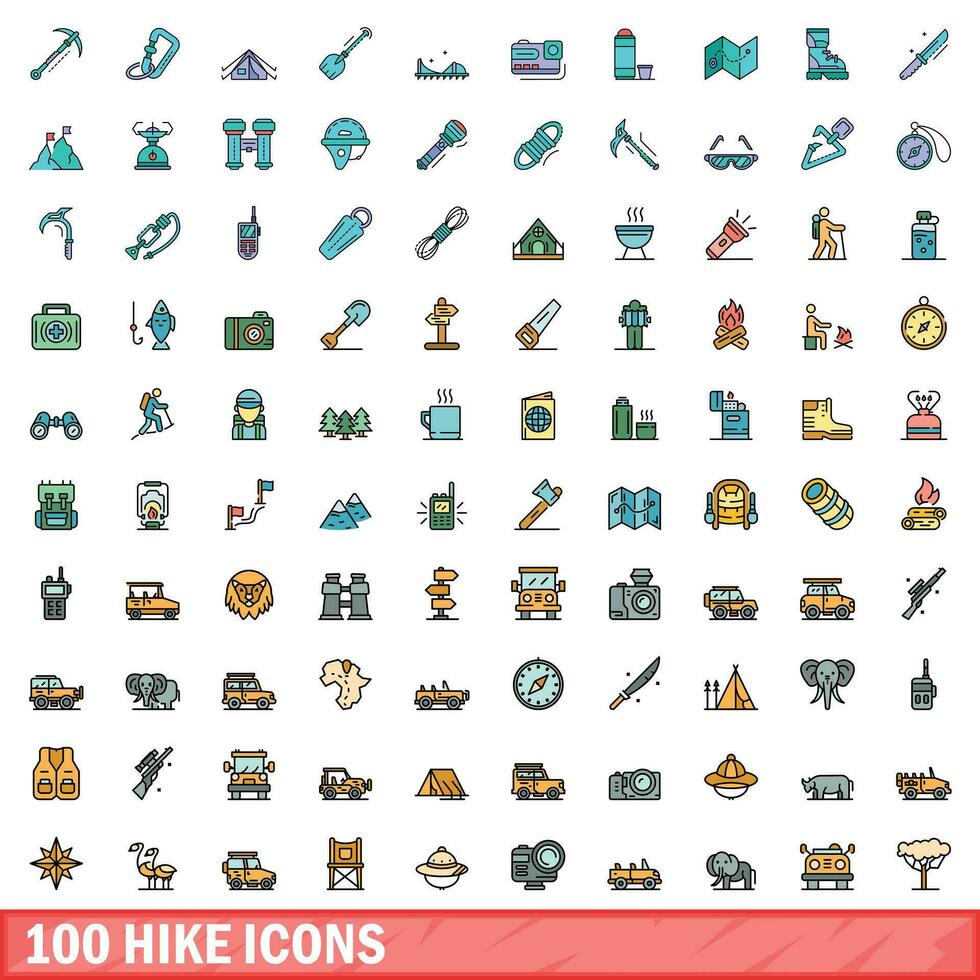 100 hike icons set, color line style vector