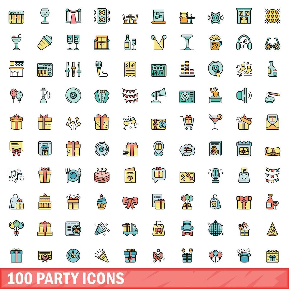 100 party icons set, color line style vector