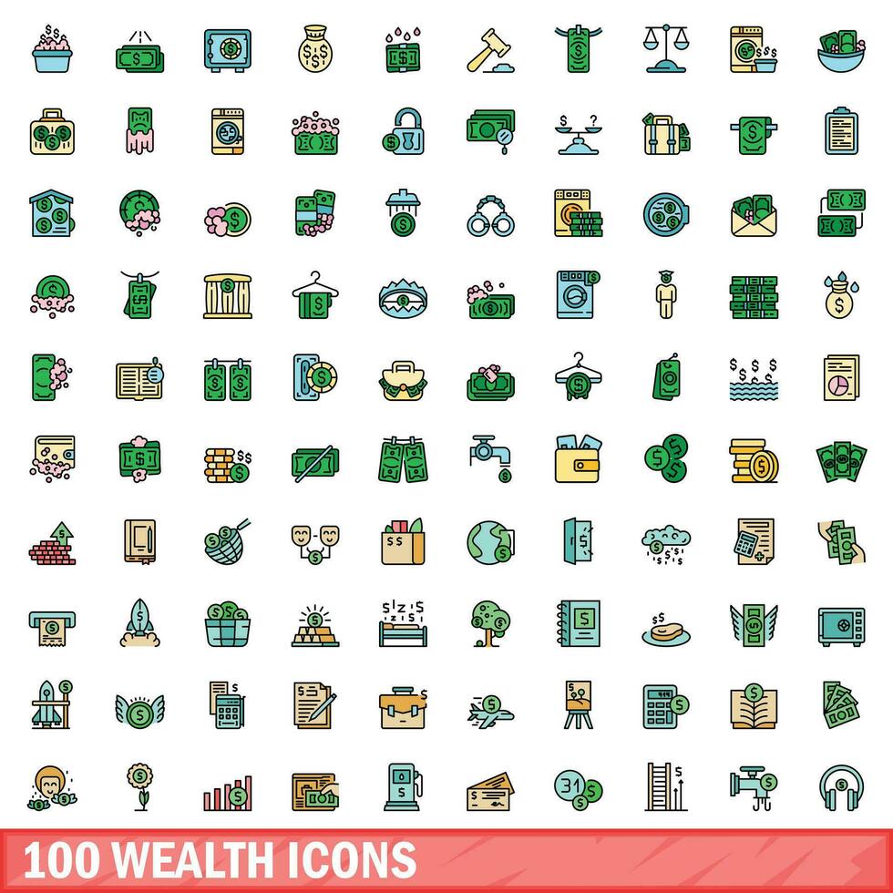 100 wealth icons set, color line style vector
