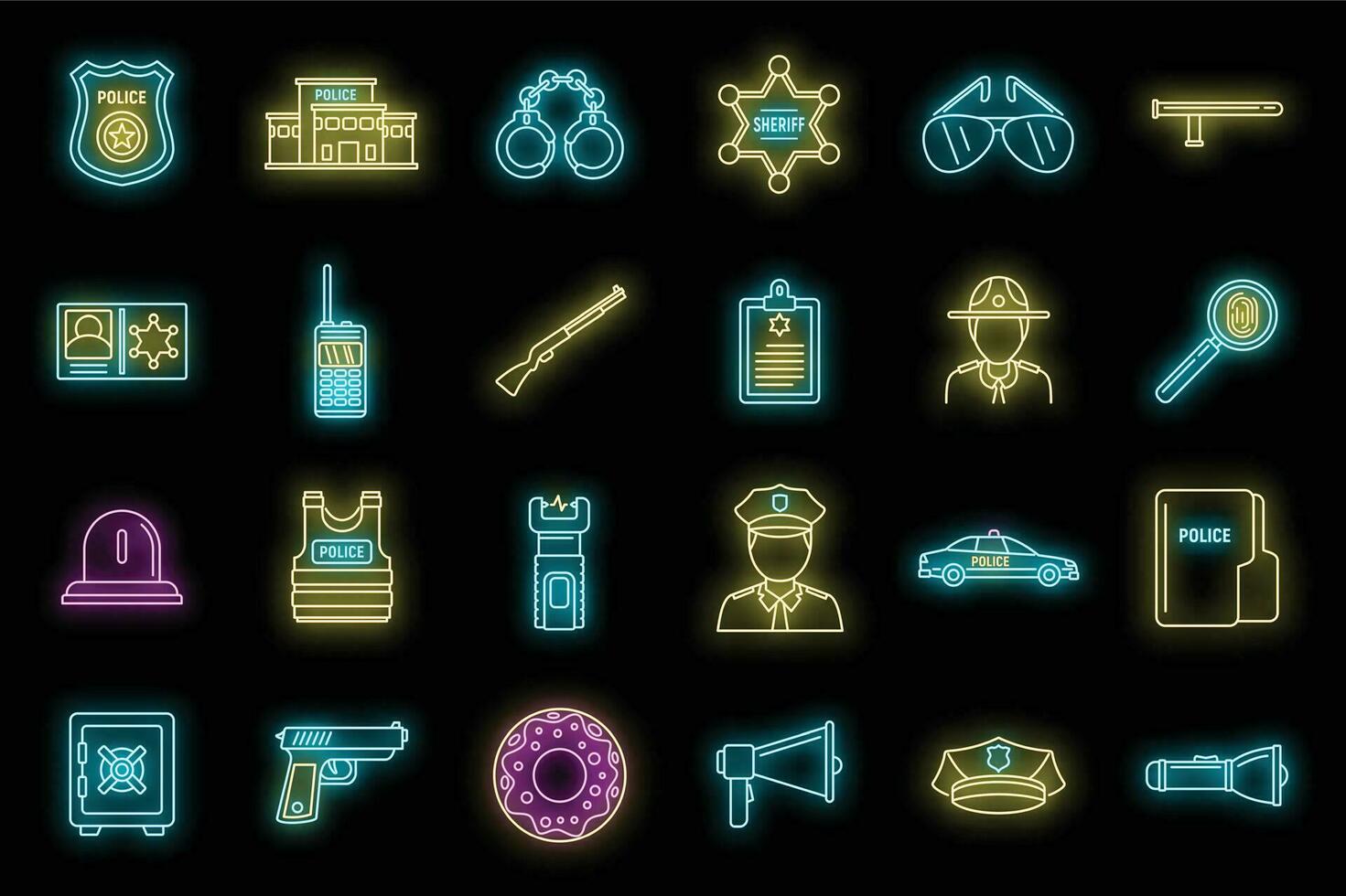 Police station equipment icons set vector neon