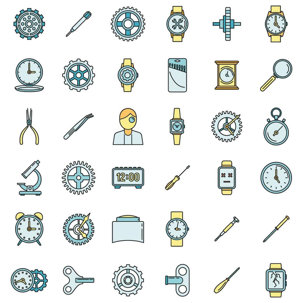 Mechanic watch repair icons set vector color