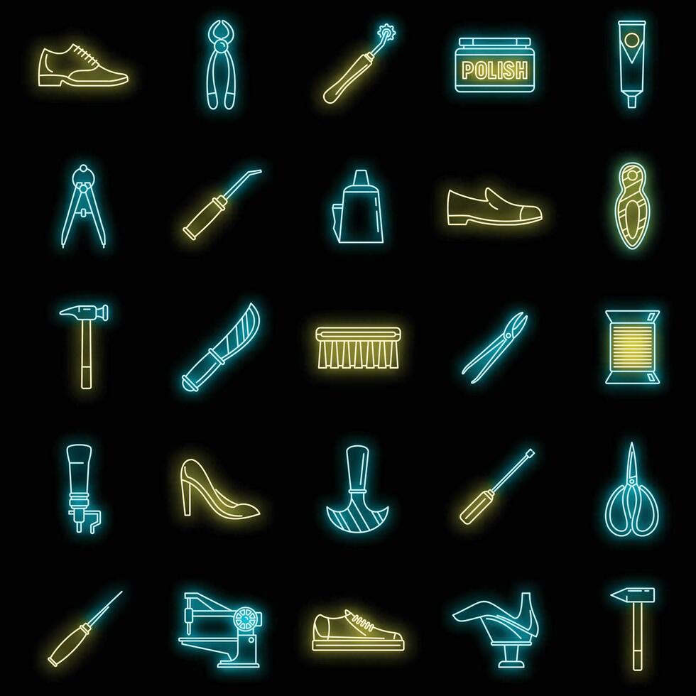 Shoe repair shop icons set vector neon