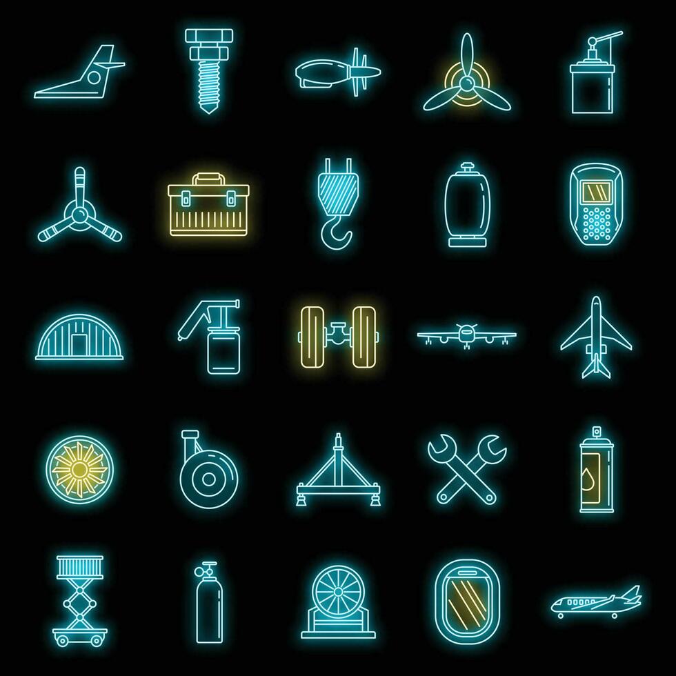 Industry aircraft repair icons set vector neon