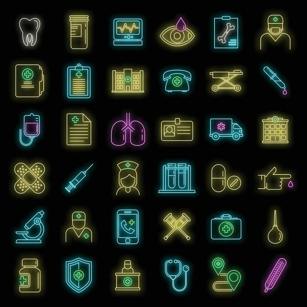 Private clinic hospital icons set vector neon