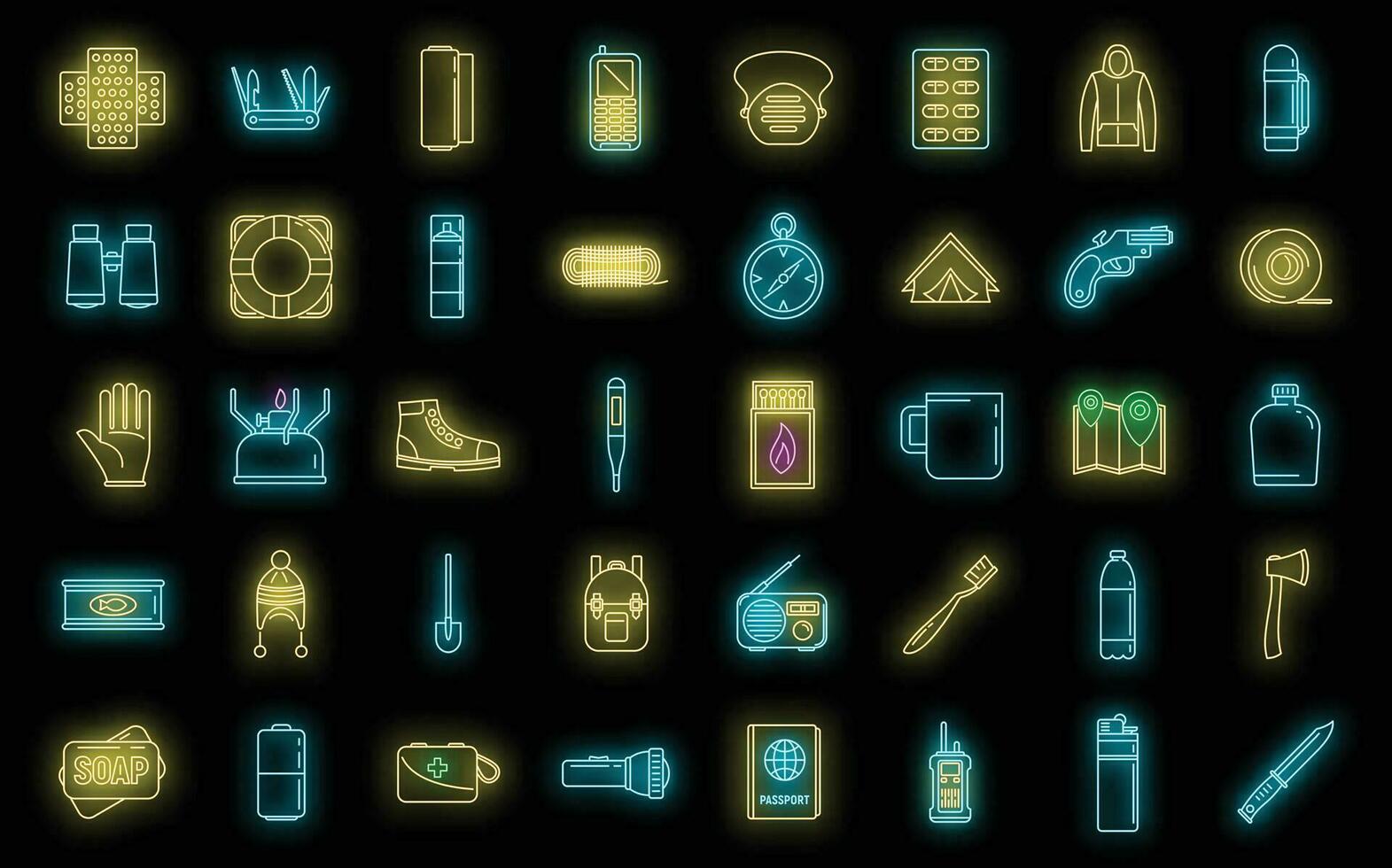 Survival activity icons set vector neon