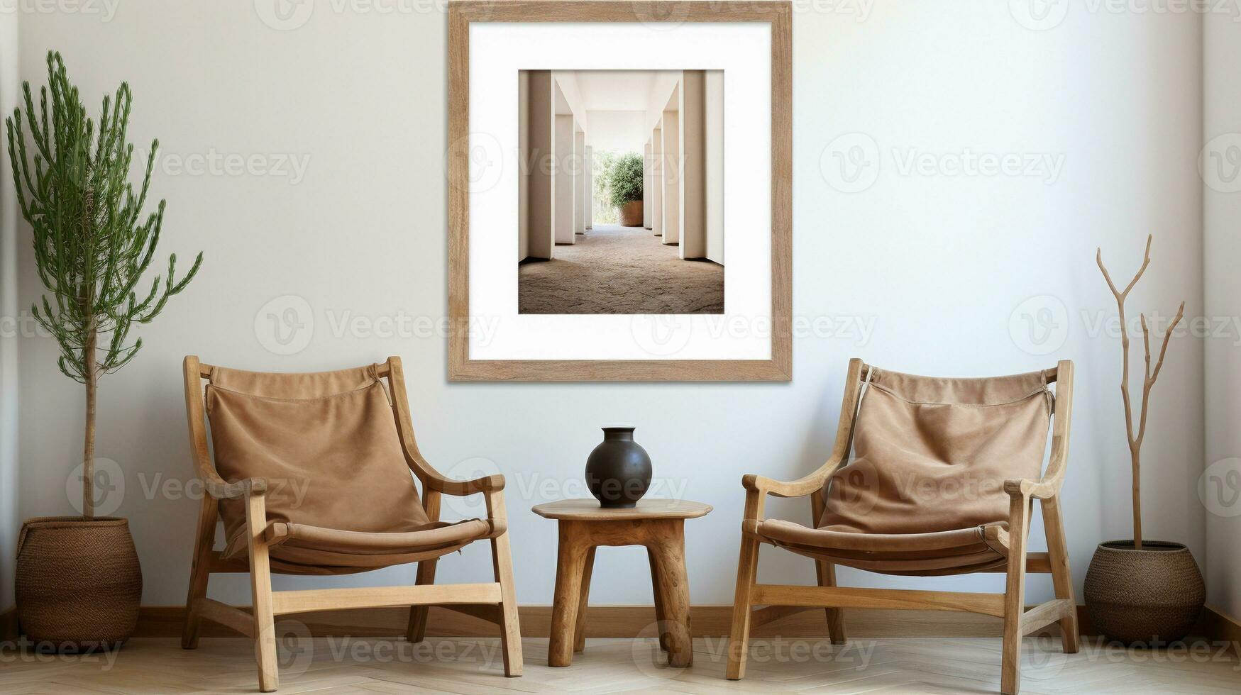 AI generated Two wooden chair and big frame on wall, modern living room design photo