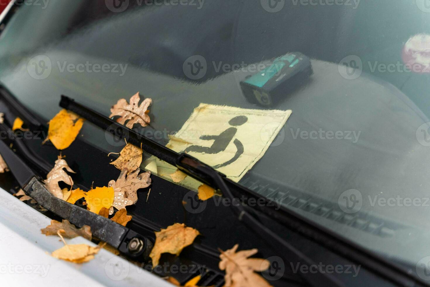 Close-up of car window with 'Driver with Disabilities' sign, symbol of accessibility and inclusivity photo