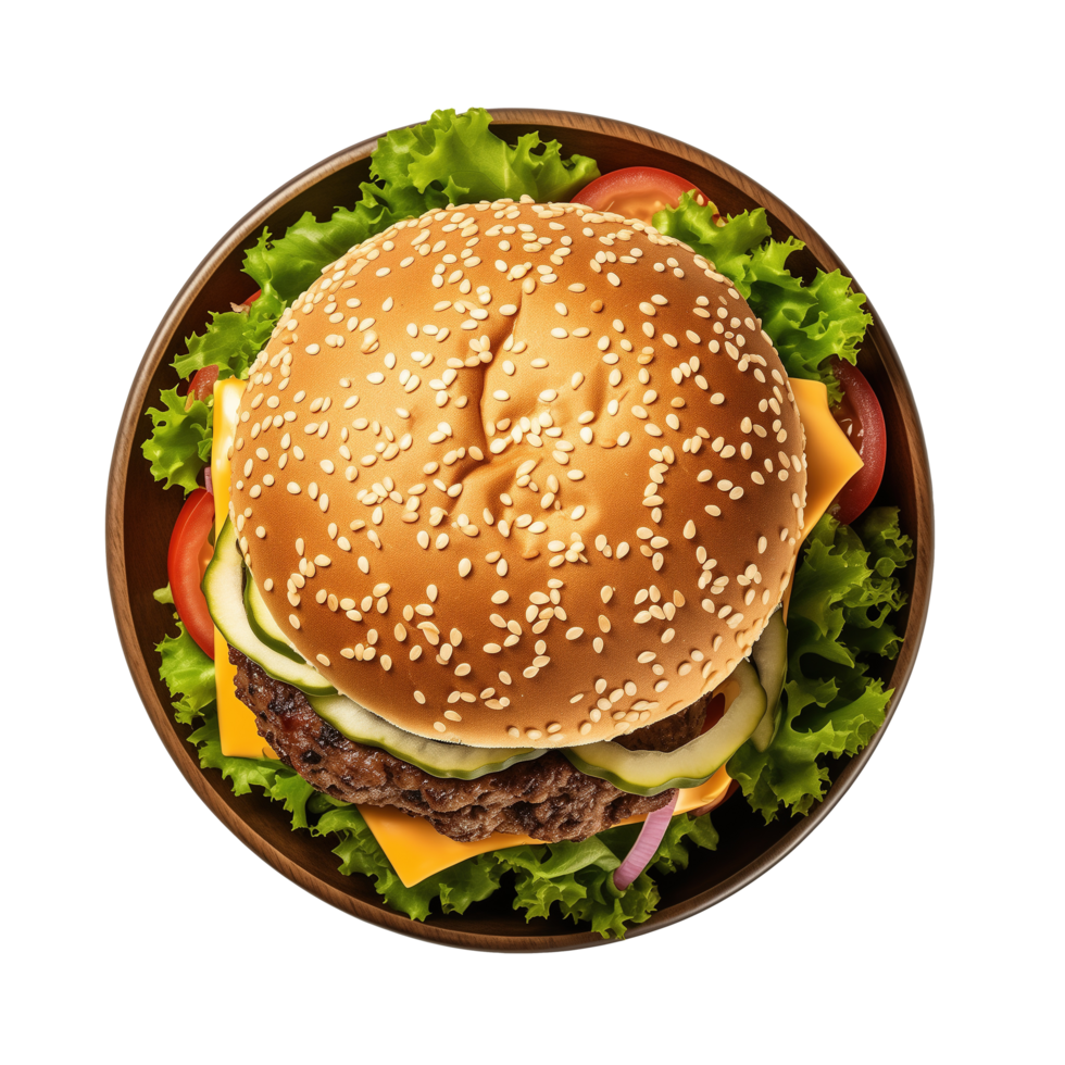 ai gerado Hamburger com carne queijo e legumes em uma transparente fundo png