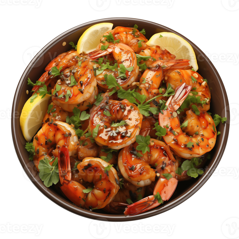 AI generated Bowl of delicious shrimps with lemon and parsley on transparent background png