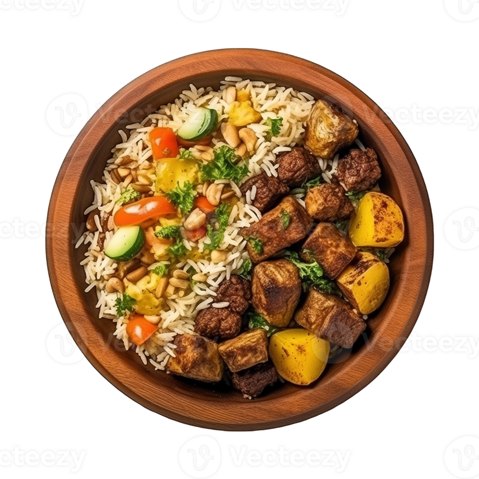AI generated Lamb with rice and vegetables in wooden bowl isolated on transparent background png