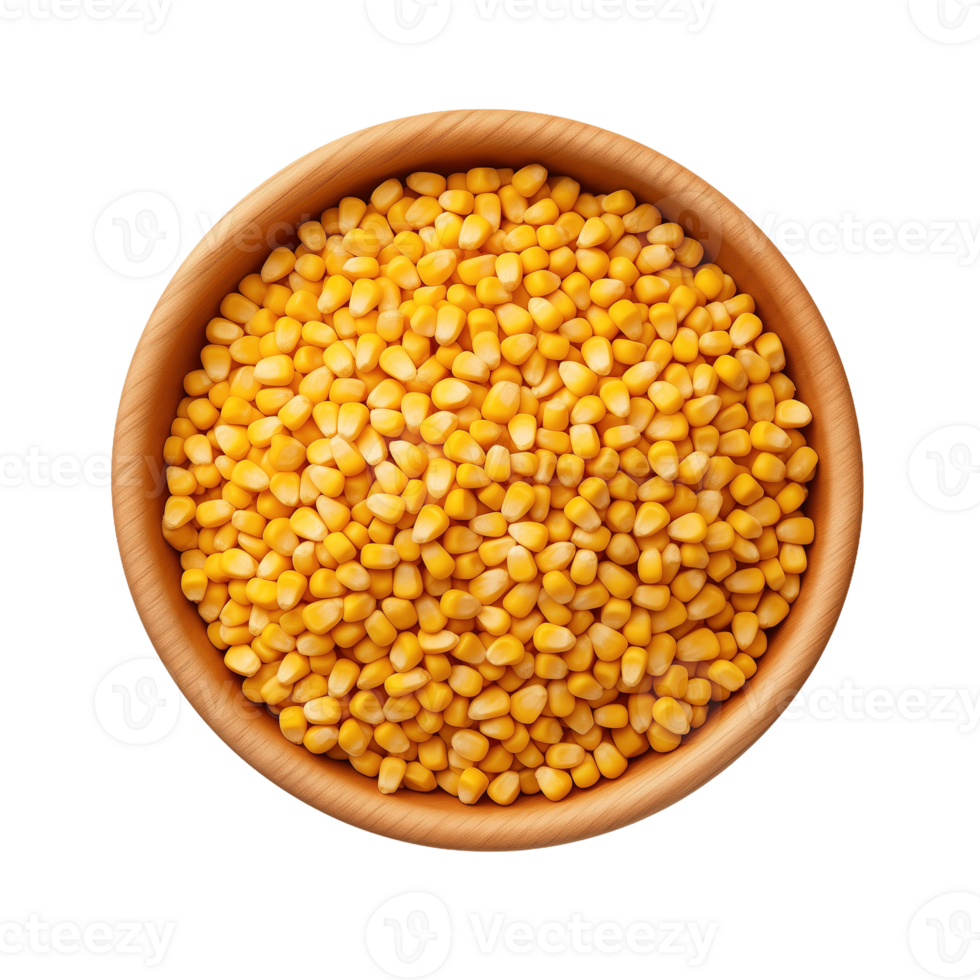 AI generated Top view of wooden bowl full of corn seeds isolated on transparent background png