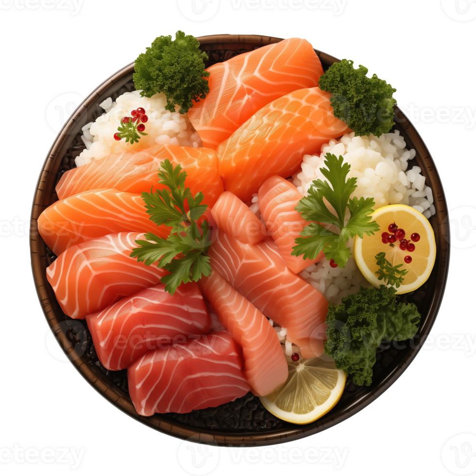AI generated Salmon sashimi with rice and parsley isolated on transparent background png