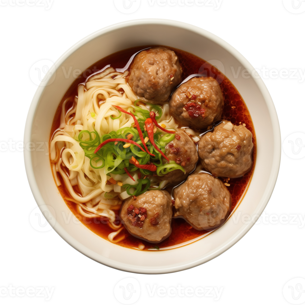 AI generated Noodles and meatballs in a bowl isolated on transparent background png