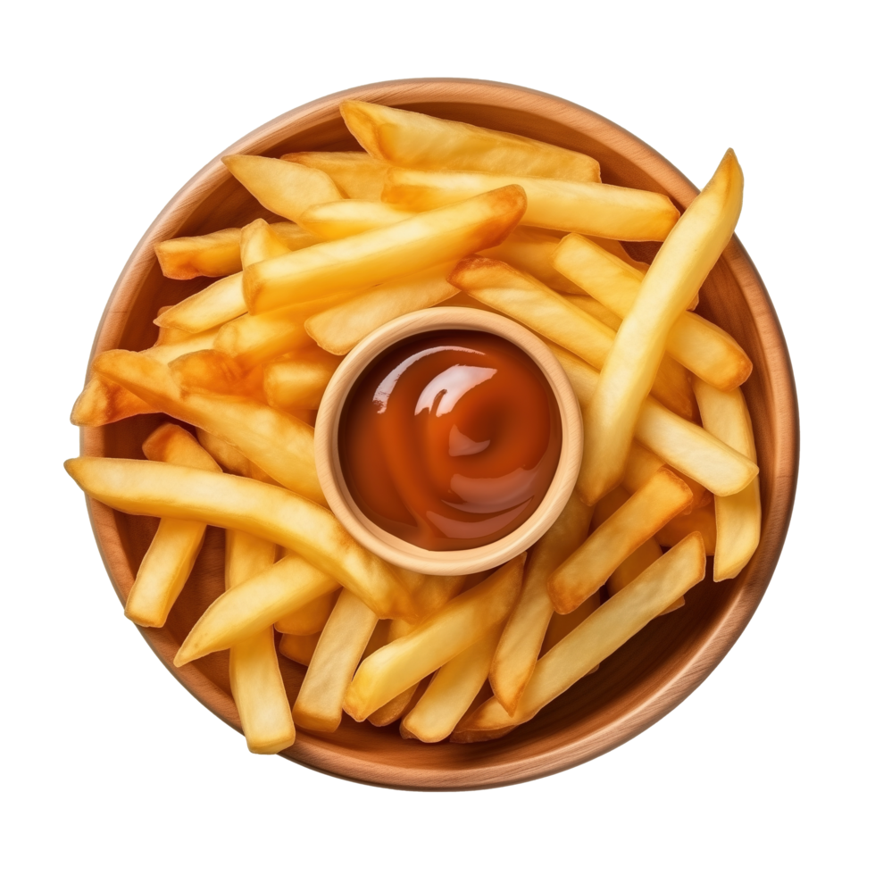 ai gerado dourado francês fritas com ketchup dentro tigela isolado em transparente fundo png