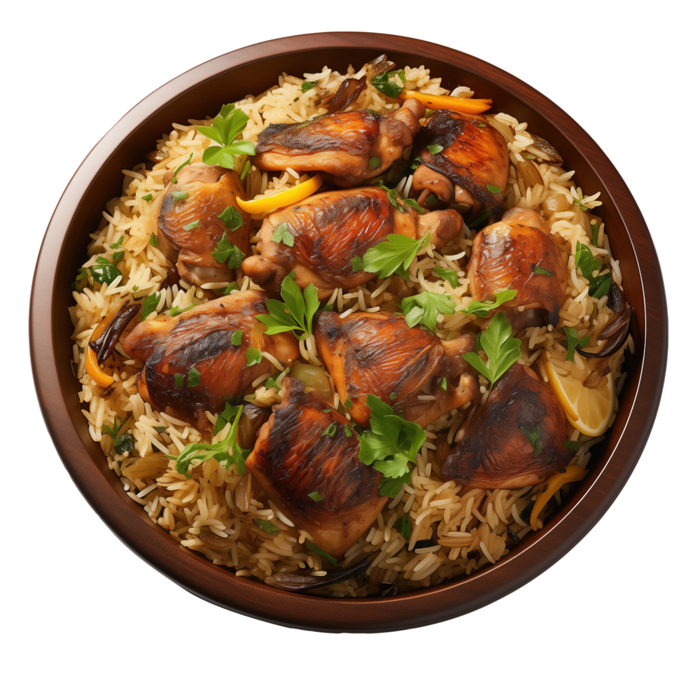 AI generated Bowl of delicious chicken kabsa on transparent background png