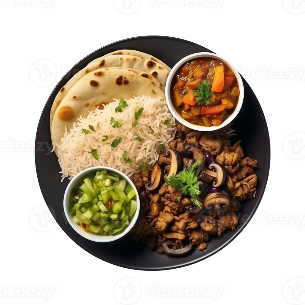 AI generated Top view of a black plate with indian food isolated on a transparent background png