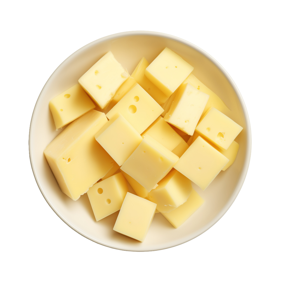 AI generated Bowl with tasty cheese cubes on transparent background png