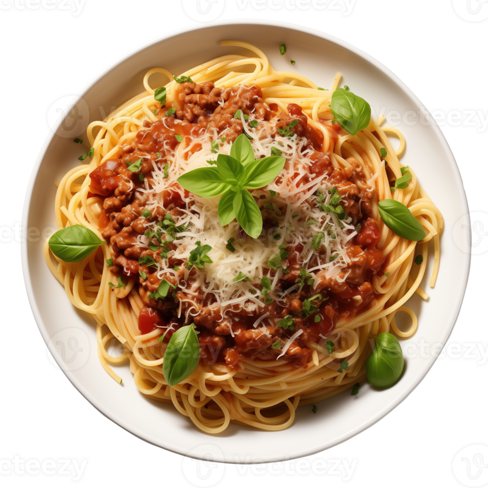 ai generiert Teller von lecker Pasta mit Bolognese Soße auf transparent Hintergrund png