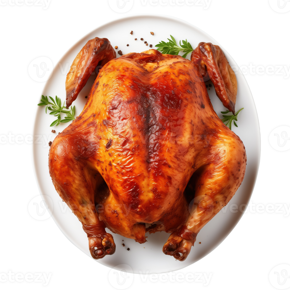 AI generated Plate with tasty roasted chicken on transparent background png