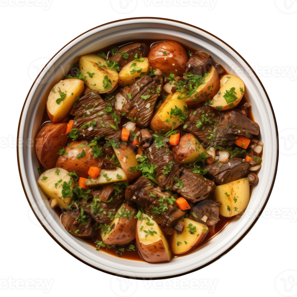 AI generated Beef stew with potatoes and carrots in a bowl isolated on transparent background png