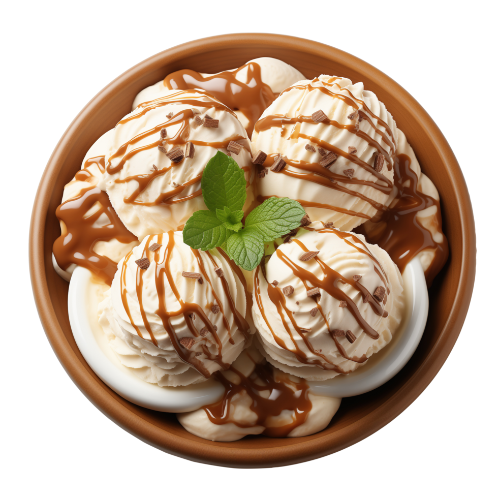 AI generated Tasty ice cream balls and caramel sauce on transparent background png