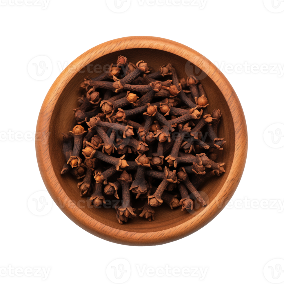 AI generated Cloves in a wooden bowl isolated on transparent background png